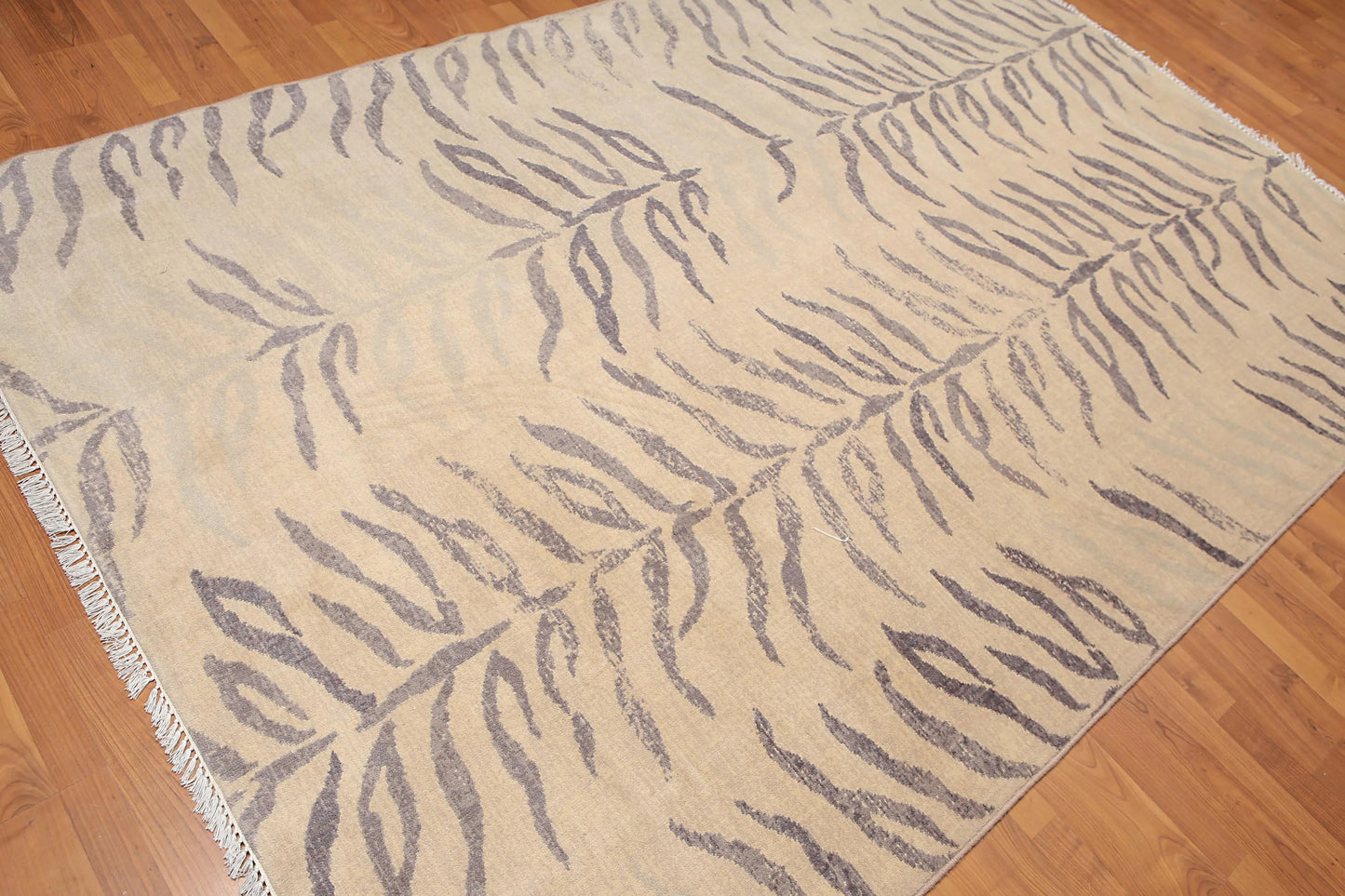 6' x 9' Botanical Print Contemporary Hand Knotted Wool Area rug Beige-1